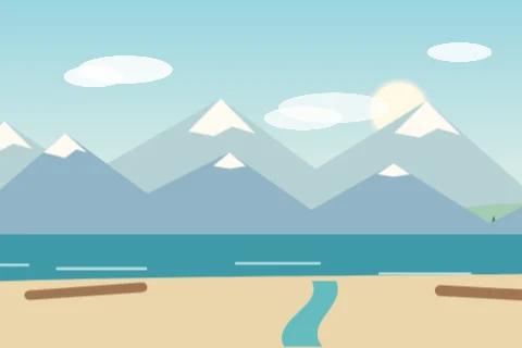 A drawing of Meadowdale Beach: driftwood on the sand, a creek, Puget Sound and snowy mountains beyond.